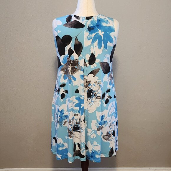 Clara Sun Woo Jewel Neck Swing Dress, Blue, White and Black Floral Petal, Large - Picture 2 of 5
